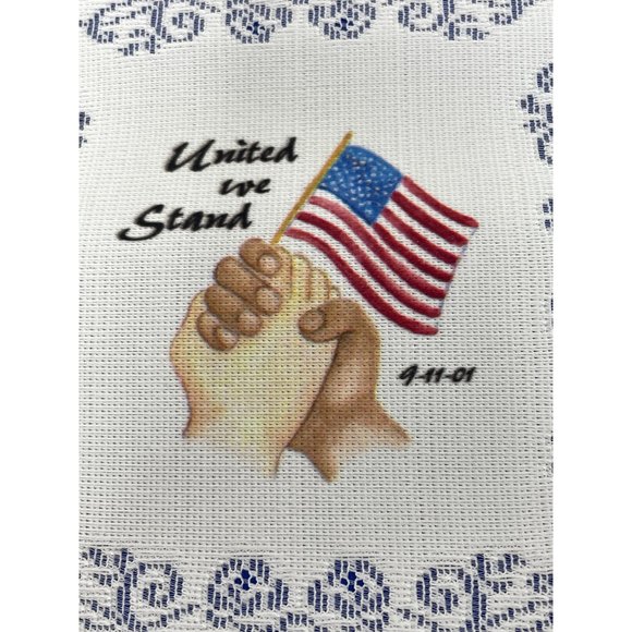 Vintage Banner Lace 911 Flag USA “United we Stand” Clasped Hands Unity Patriotic - Picture 3 of 13